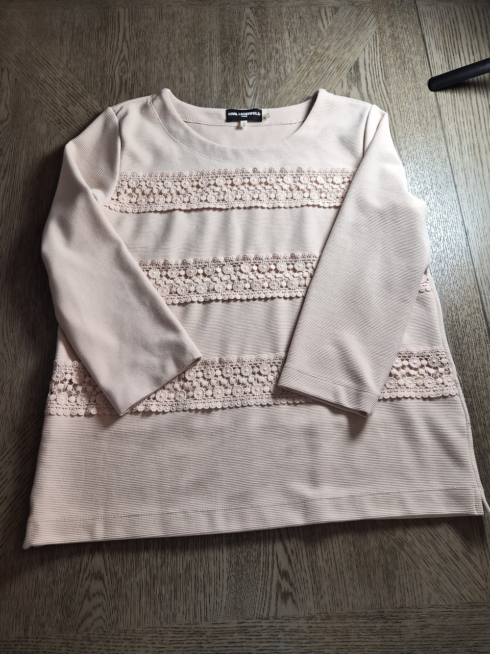 Karl Lagerfeld Blush Pink Crochet-Trim Long Sleeve Top